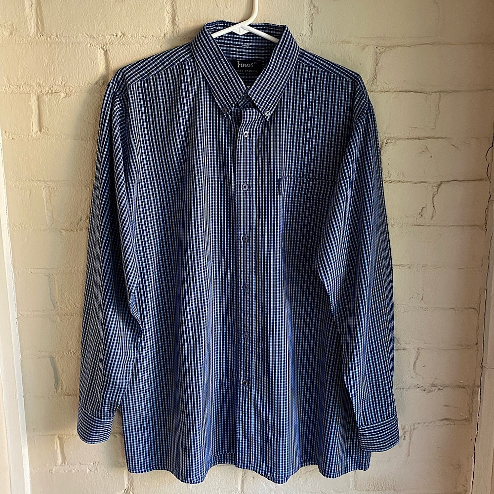 Finos Italy Fashion size Large or XL blue plaid button down shirt